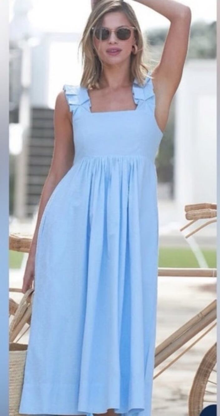 LAKE Light Blue Swiss Dot Smocked Midi Dress Ruffle Strap Cottagecore Coquette L